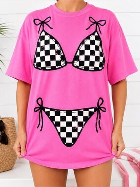 Hot Pink Graphic Bikini Print Tee Swim Cover 90s Style